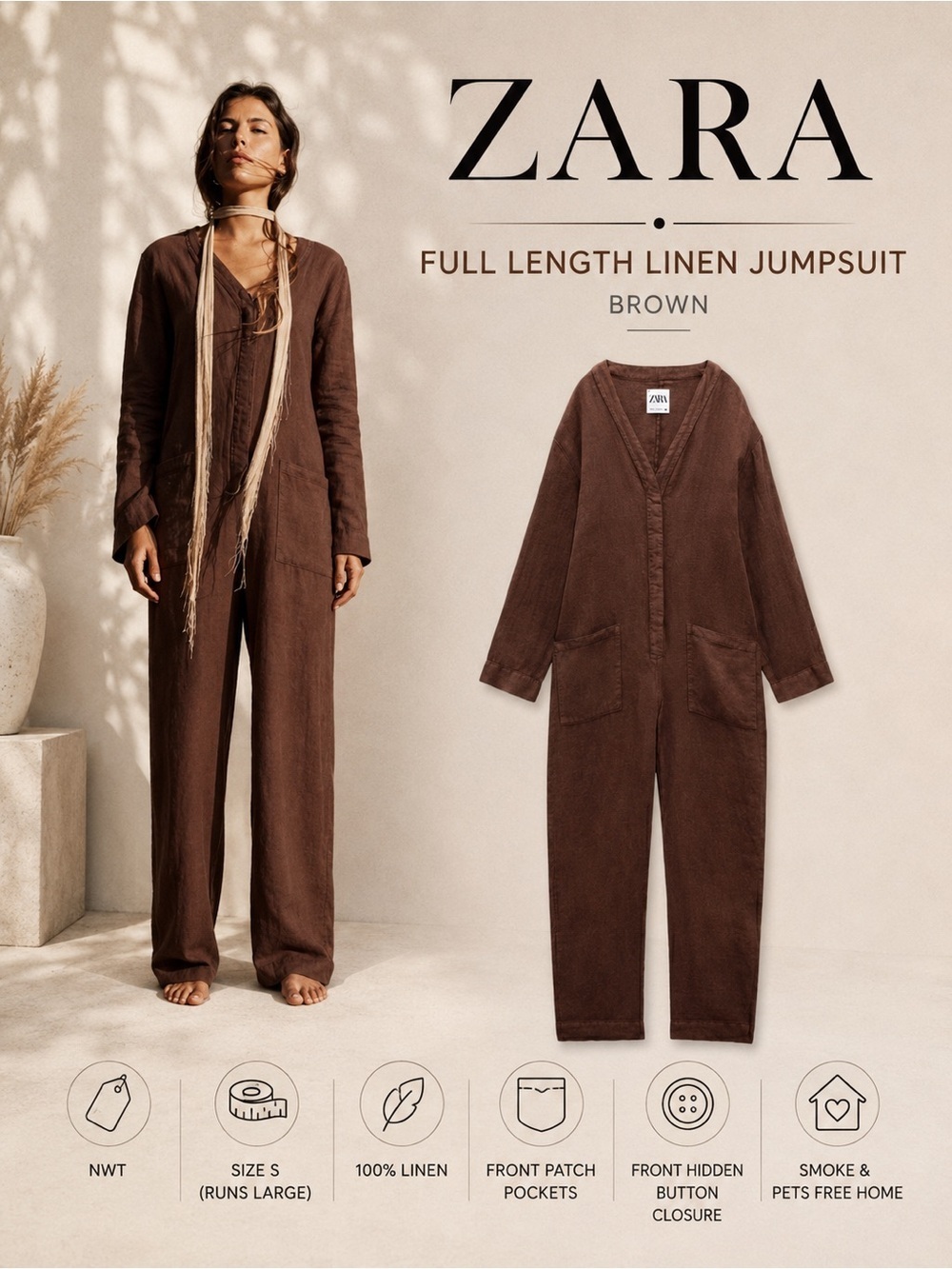 Zara Brown Full Length Linen Jumpsuit Size S NWT V-Neck Long Sleeve Romper